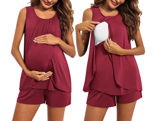 Ekouaer Womens Maternity Nursing Pajamas Set Sleeveless Breastfeeding Shirts Pregnancy Shorts Nursing PJS Wine Red M