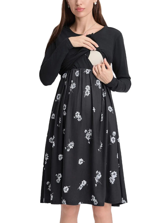 Maternity Nursing Dress Long Sleeve Round Neck Breastfeeding Clothes with Pockets Pregnancy Dresses