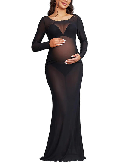 Maternity Photoshoot Dress Long Sleeve Sheer Mesh Maternity Maxi Gown Babyshower Black S