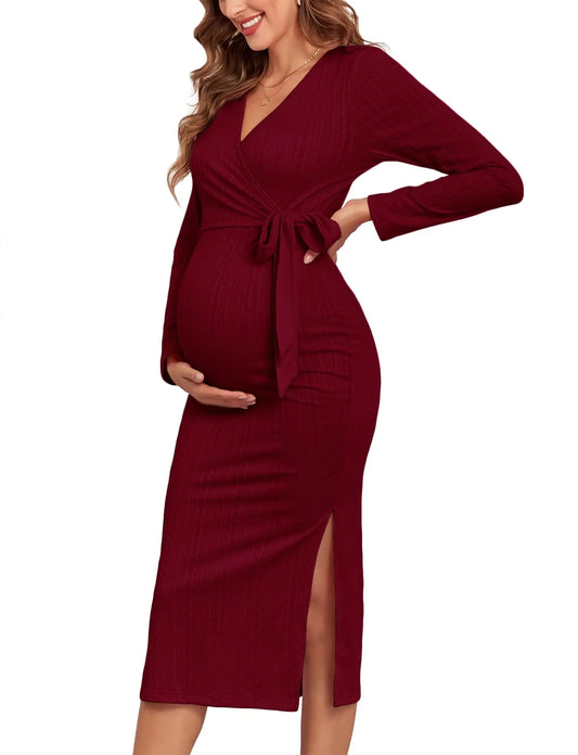 Fall/Winter Christmas Rib Knit Maternity Nursing Dress Knot Side Long Sleeve V Neck Bodycon Wrap Pregnancy Split Dresses Burgundy Small