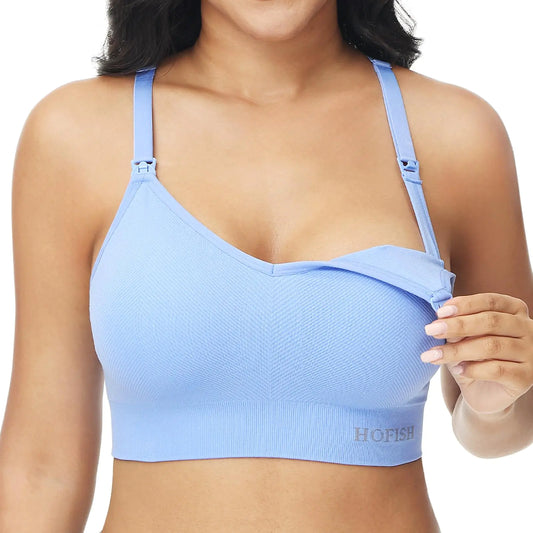 Support Nursing Sports Bra Seamless Medium Impact Racerback Nursing Bras Pregnancy Padded Breastfeeding Bra Blue L