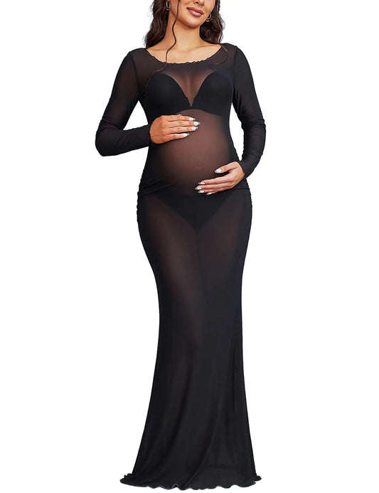 Maternity Photoshoot Dress Long Sleeve Sheer Mesh Maternity Maxi Gown Babyshower Black S