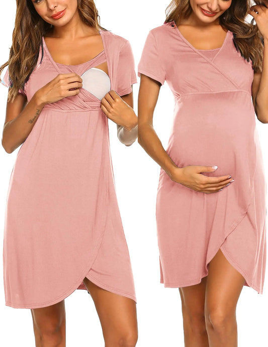 Ekouaer Nursing Nightgown 3 In 1 Maternity Nightgown Short Sleeve Nursing Gown Breasfeeding Sleepwear Delivery Dress Pink