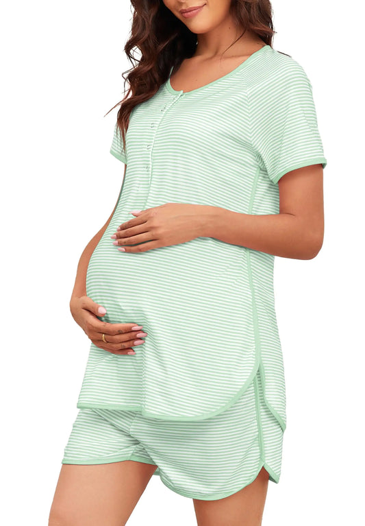 Stripe Maternity Nursing Pajamas Sets Womens Button Down Pregnancy Pjs Sets Soft Two Piece Pregnant Loungewear Sets(White and Cyan3X-Large)