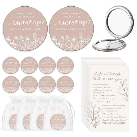 CroBlissful 12 Set Inspirational Gifts for Women Bulk Motivational Compact Mirror Makeup Pocket Mirror for Purse Double Sided Folding Mirror Inspirational Gift Cards with Bag for Women (Classic)