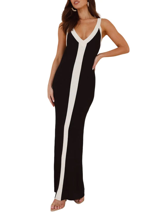 Sleeveless Maxi Dress 2025 Casual Color Block Bodycon Ribbed Knit Tank Party Cocktail Dresses Black