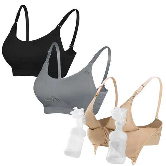 3-Pack Pumping-Bra-Hands-Free Pumping-Bras-for-Breastfeeding Nursing Pumping Bra All in One Seamless Wireless Maternity Bralette Padded with Support for Large Bust Black Nude Grey Small
