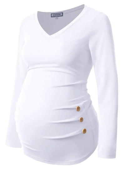 GINKANA Maternity Shirt Long Sleeve Basic Top Ruch Sides Buttons Tshirt for PregnantWhiteXXL