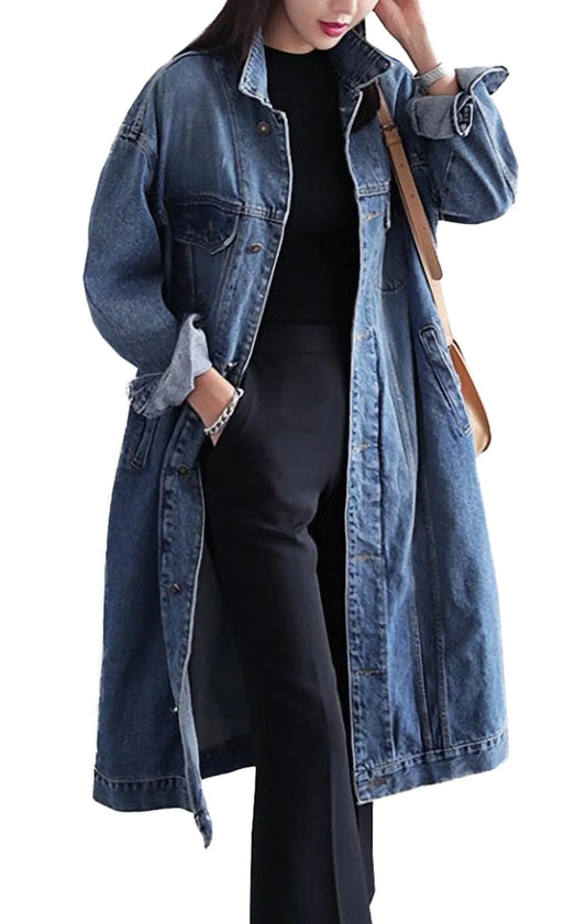Classic Long Jean Jacket Plus Size Loose Long Sleeve Button Down Denim Jacket Trench Coat Blue L
