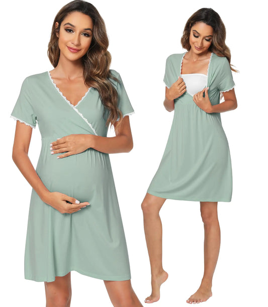 Soft Viscose from Bamboo 3 in 1 Maternity/Delivery/Nursing Labor Nightgowns Breastfeeding Sleep Shirt Gowns S-XXL Sage Green Small