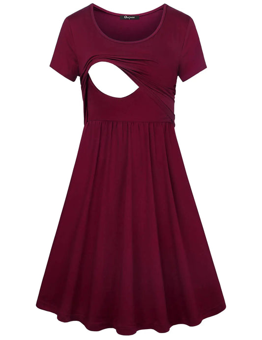 Quinee Maternity Breastfeeding Dresses Ladies Round Collar Short Sleeve Flowy Layered Knitted Form Fitting Comfy Leisure Maternity Summer Dress for Photography Nursing Home Clothing Wine XL