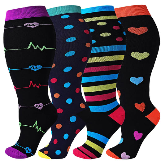 CUBIEX 4 Pairs Plus Size Compression Socks Unisex 20-30mmHg Knee high XXL XXXL XXXXL Wide Calves for Flying Running for Woman & Man