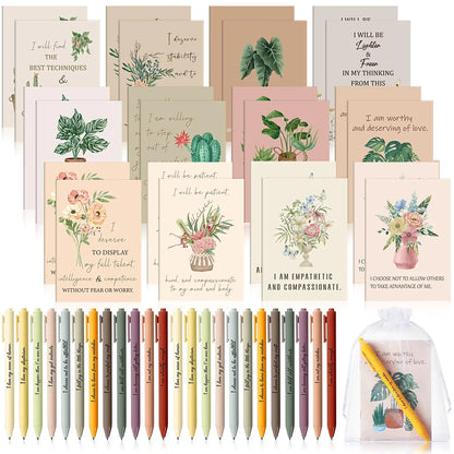 Mooliwe 48 Pcs Positive Affirmation Gift Set Gratitude Notebooks with Pens and Small Bags Motivational Encouragement Notepads Daily Affirmations Journal for Women Stress Relief Self Care Gift (Flower)