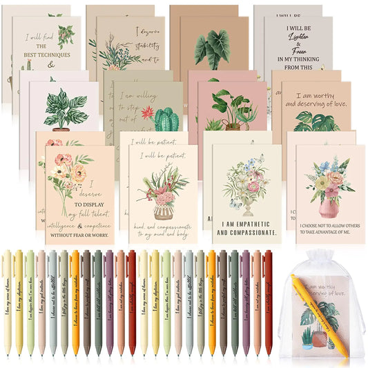 Mooliwe 48 Pcs Positive Affirmation Gift Set Gratitude Notebooks with Pens and Small Bags Motivational Encouragement Notepads Daily Affirmations Journal for Women Stress Relief Self Care Gift (Flower)