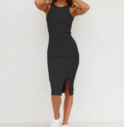 Solid Color Sleeveless Knit Split Long Dress – Women's Summer Casual Vest Dress