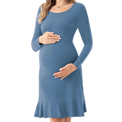 Womens Long Sleeve Maternity Dresses Ruffle Hem Pregnancy Dress Lichen Blue S