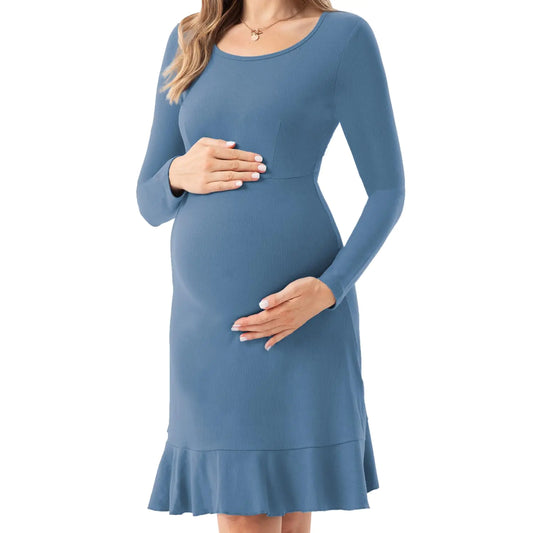 Womens Long Sleeve Maternity Dresses Ruffle Hem Pregnancy Dress Lichen Blue S