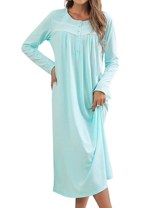 Cotton Nightgowns For Women Long Sleeve Night Gowns for Adult Women Soft Womens Sleepwear Loungewear for Women Ladies NightdressAqua green