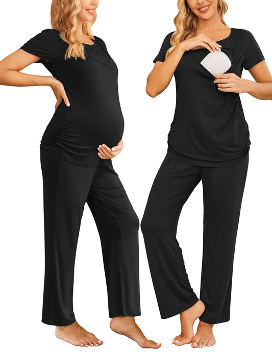 Ekouaer Nursing Pajama Set Maternity Sleepwear Set Delivery Loungewear Pregnancy Pajamas Nursing Pjs Black L