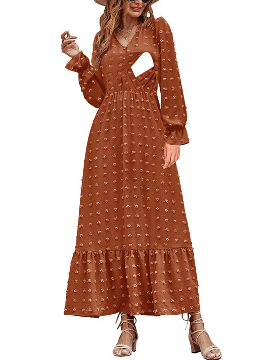 Maternity Nursing Fall Maxi Dress V Neck Button Long Sleeve Swiss Dot High Waist Tiered Smocked Flowy Long Dresses with Pockets Brown Large