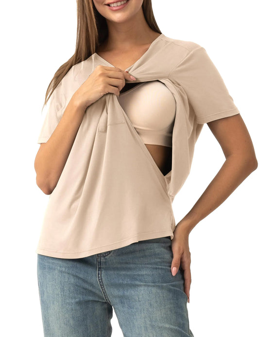 Nursing Tops Breastfeeding Cover Short Sleeves Maternity Tee Shirts Double Layer Postpartum Clothes Apricot S