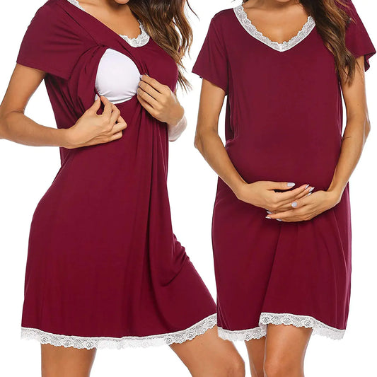 Women's Maternity Ruffled Lace Nursing Dress