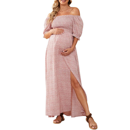 Floral Maternity Dress for Photoshoot Baby Shower Square Neck Puff Sleeve Maternity Boho Smocked Pregnancy Dresses Pink