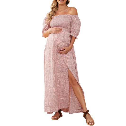 Floral Maternity Dress for Photoshoot Baby Shower Square Neck Puff Sleeve Maternity Boho Smocked Pregnancy Dresses Pink