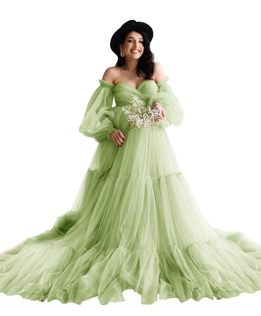 Midiluy Womens Tulle Robe for Maternity Photoshoot Puffy Pregnancy Dresses Sheer Lingerie Bridal Pregnant Gown for Women Sage 3XL