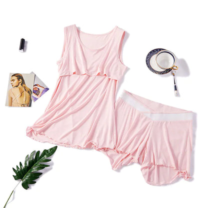 Summer Maternity Pajama Set with Nursing Tank and Shorts