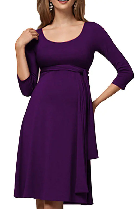 Maternity Dress with Belt and Round Neck for Nursing