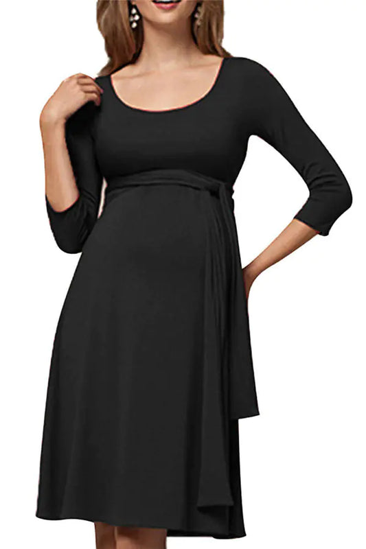 Maternity Dress with Belt and Round Neck for Nursing