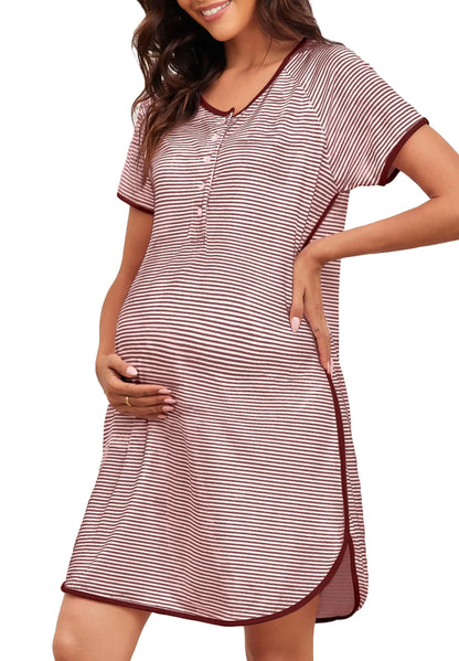 Maternity Nursing Nightgowns Women Buttons Pregnancy Short Sleeve Nightdress Soft Side Split Loungewear Pjs(Wine Red and White3X-Large)