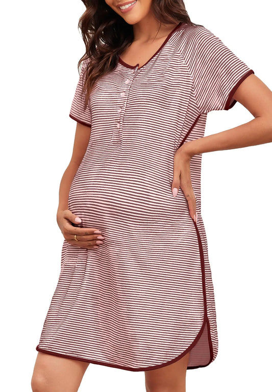 Maternity Nursing Nightgowns Women Buttons Pregnancy Short Sleeve Nightdress Soft Side Split Loungewear Pjs(Wine Red and White3X-Large)