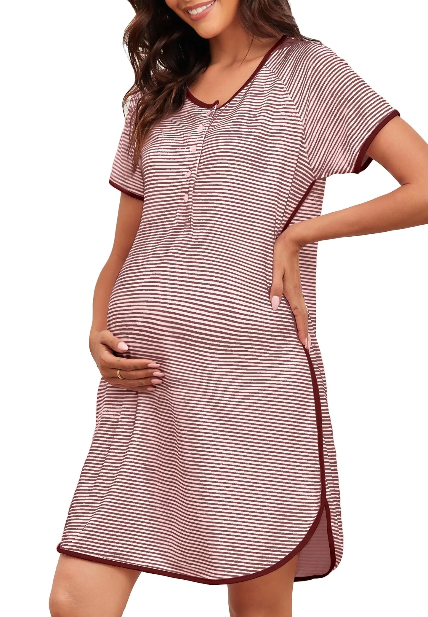 Maternity Nursing Nightgowns Women Buttons Pregnancy Short Sleeve Nightdress Soft Side Split Loungewear Pjs(Wine Red and White3X-Large)