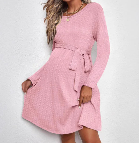 Maternity A-Line Dress with Round Neck, Long Sleeves, and Belt