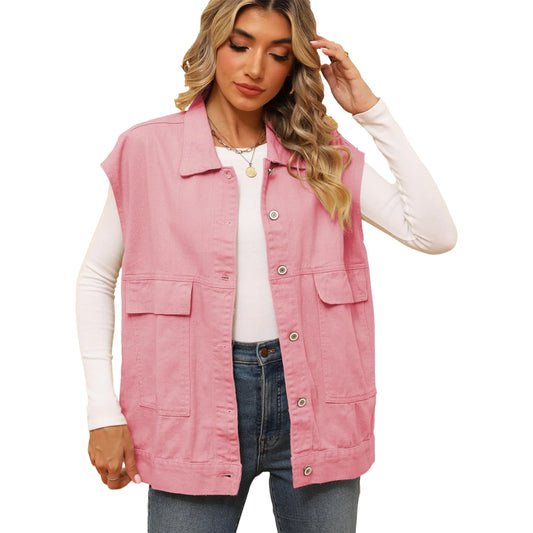 Oversized Denim Vest for Women Vintage Distressed Button Down Sleeveless Jean Vest Jackets(0722-Pink-S)