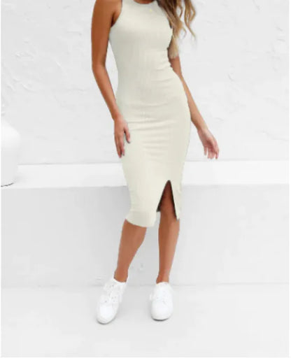 Solid Color Sleeveless Knit Split Long Dress – Women's Summer Casual Vest Dress