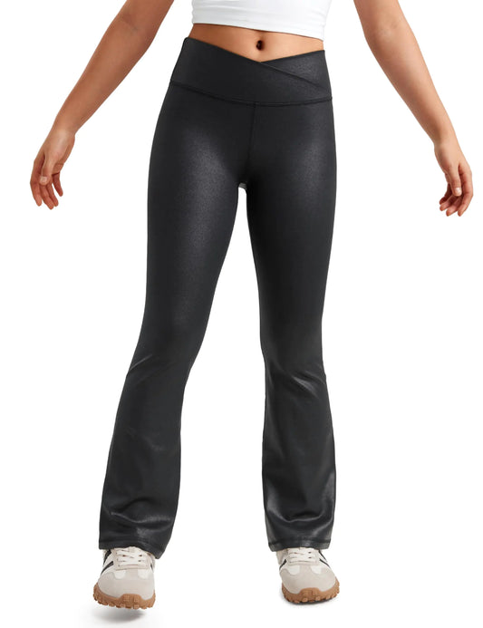 CRZ YOGA Girls Butterluxe Crossover Flare Leggings - Kids High Waist V Cross Bell Bottoms Bootcut Lounge Active Yoga Pants Faux Leather Black Small