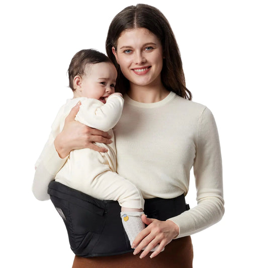 Momcozy Hip Seat Baby Carrier - Adjustable Waistband with Original 3D Belly Protector Ergonomic Carrier with Various Pockets for Newborns & Toddlers up to 45lbs (Black Medium)