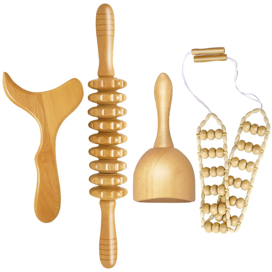 4 Pcs Wood Therapy Massage Tools for Body Shaping Lymphatic Drainage Massager Maderoterapia kit Wooden Massage Roller Anti-Cellulite Massager Body Sculpting Tools Set