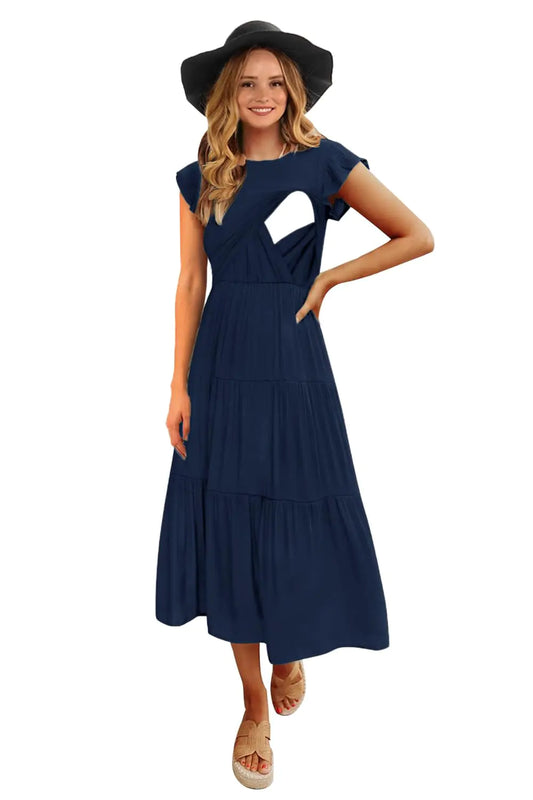 Maternity Nursing Dress Short Sleeve Shirred Clothing Swing Hem Mid Length A Line Breathable Baby Shower Ruffle Pleated Dresses(NavyLarge)