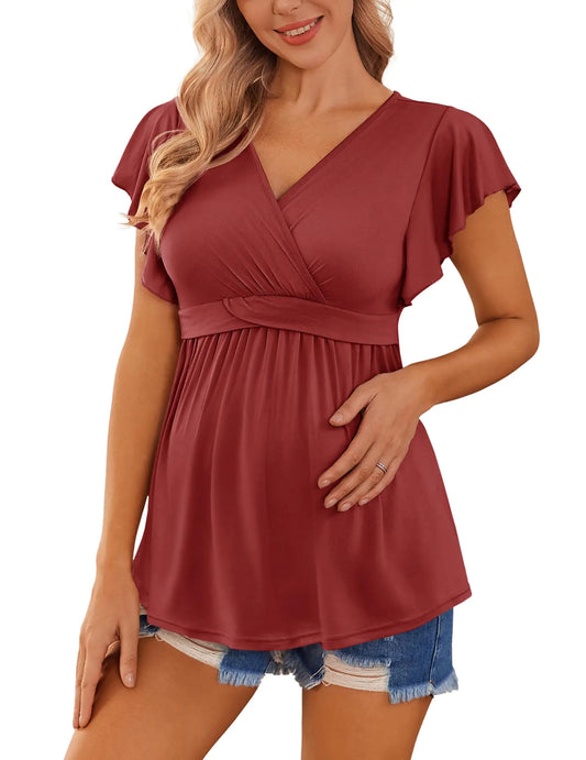 Ekouaer Maternity Shirts Flying Short Sleeve Nursing Tops V Neck Breastfeeding Tees Casual Pregnancy Clothes Wine Red M