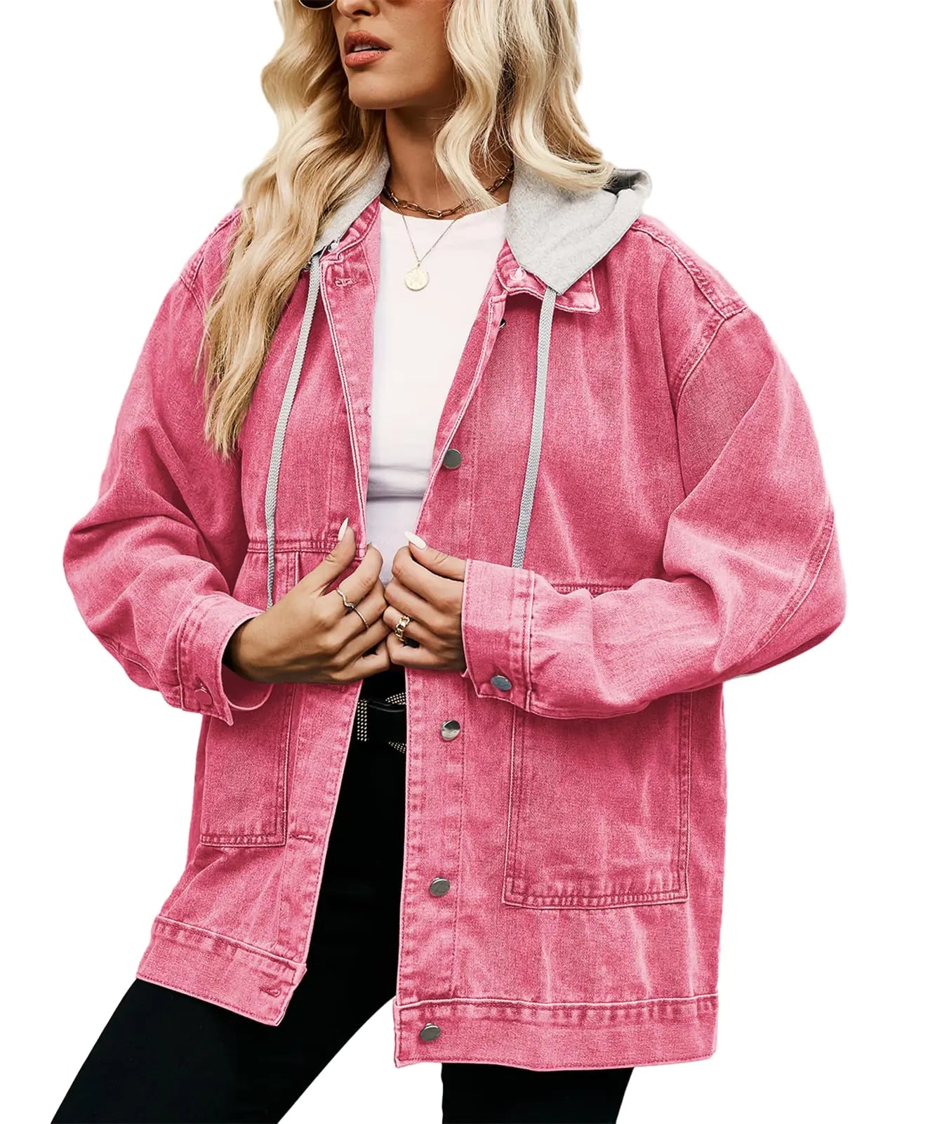 Womens Oversized Denim Jacket Casual Long Sleeve Vintage Jean Jacket Top Coat with Detachable Hood(Rose with hoodS)