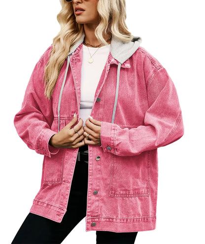 Womens Oversized Denim Jacket Casual Long Sleeve Vintage Jean Jacket Top Coat with Detachable Hood(Rose with hoodS)