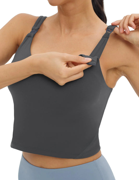 Foucome Nursing Tank Tops for Breastfeeding Maternity Sports Bra Crop Top with Built in Bra Longline Workout Top (Grey XL)