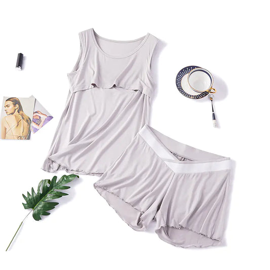 Summer Maternity Pajama Set with Nursing Tank and Shorts